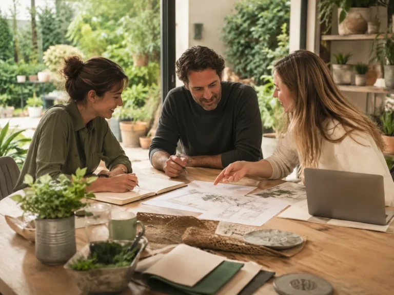 Drie mensen bespreken tuinideeën en praktische oplossingen aan een houten tafel met laptop, tuinplannen, planten en uitzicht op een groene tuin