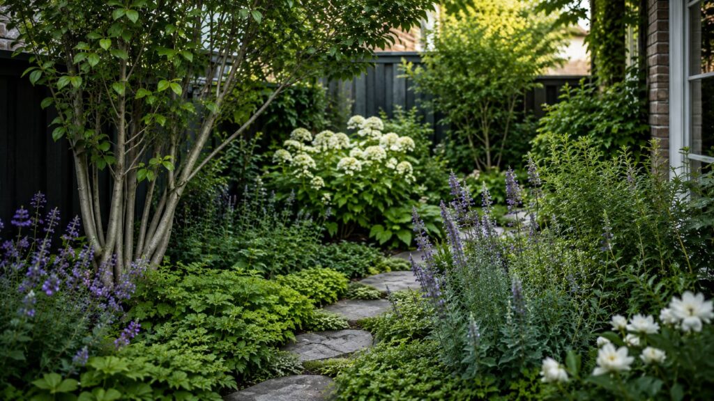 Groene achtertuin met beplanting in lagen: bodembedekkers, vaste planten en heesters naast een compact terras