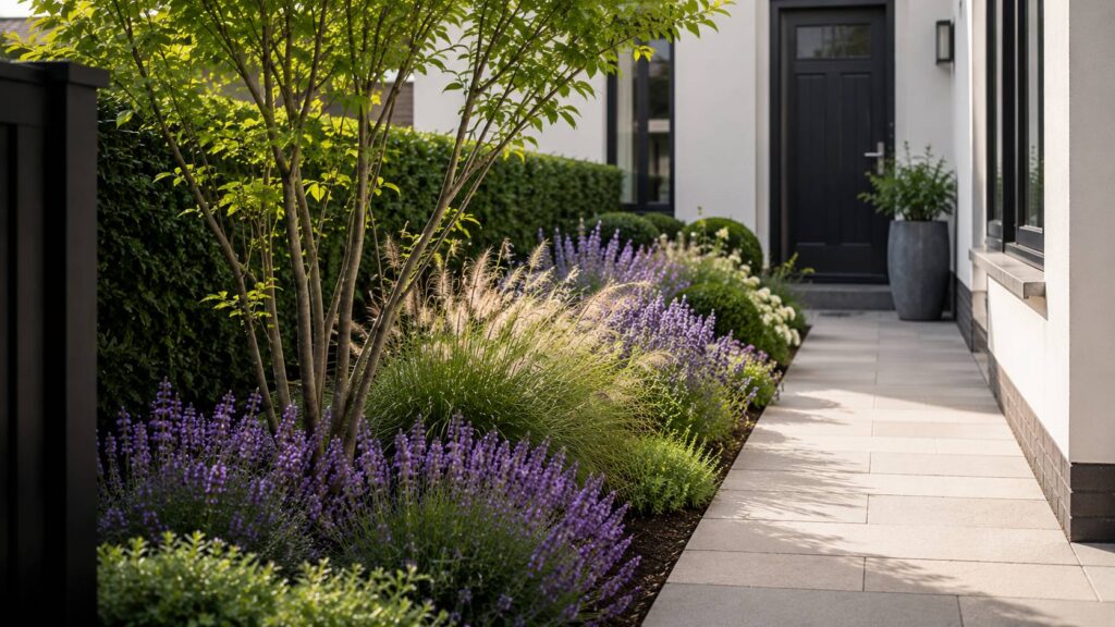 Kleine voortuin met pad langs één zijde en een diepe border vol herhaalde beplanting voor een ruimtelijk effect