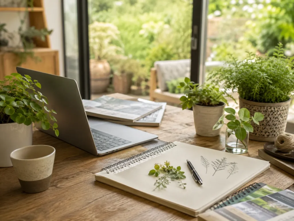 Werkplek met laptop, schetsboek, planten en uitzicht op een groene tuin voor registreren bij Tuinengids