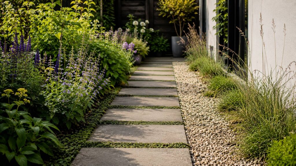 Tuinpad van staptegels met groen ertussen en grindstroken naast een beplante border in een Nederlandse tuin