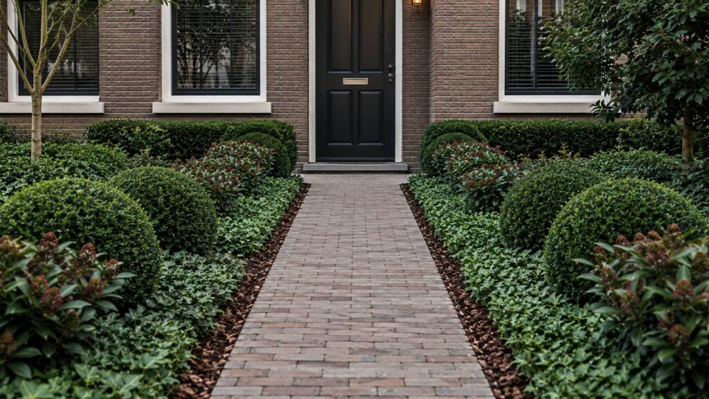 Onderhoudsvriendelijke voortuin met bodembedekkers, compacte heesters en een strak klinkerpad naar de voordeur
