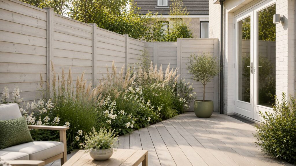 Kleine tuin met lichtgrijze schutting en vergrijsd houten vlonder die de ruimte optisch groter maken