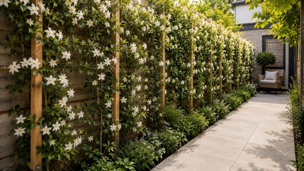 Kleine tuin met verticaal groen: klimplanten op een houten rek langs de schutting voor meer groen zonder vloerruimte te verliezen