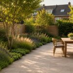 Onderhoudsvriendelijke tuin met ruim terras, brede borders en vaste beplanting voor minder werk en meer genieten