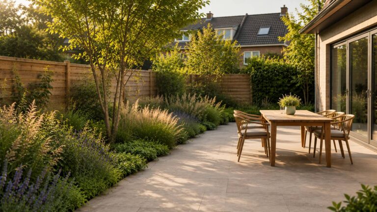 Onderhoudsvriendelijke tuin met ruim terras, brede borders en vaste beplanting voor minder werk en meer genieten