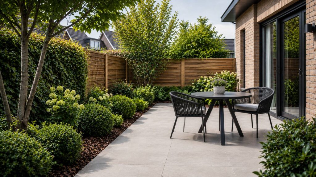 Strak terras met keramische tegels in een onderhoudsvriendelijke Nederlandse tuin zonder aanslag of onkruid in de voegen