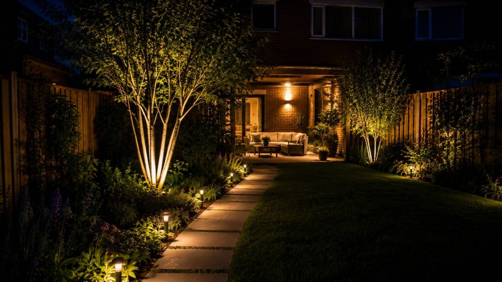 Sfeervol verlicht terras in een Nederlandse tuin met warm wit licht onder een pergola en prikspots in de border