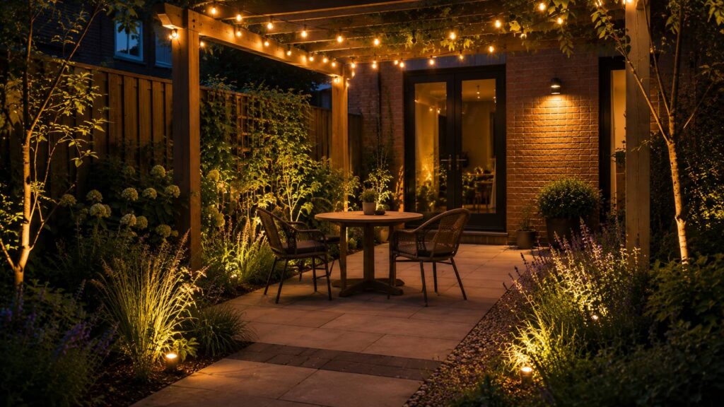 Overzicht van een verlichte Nederlandse tuin bij nacht met padlampen, accentspot op boom en sfeerlicht bij de zithoek